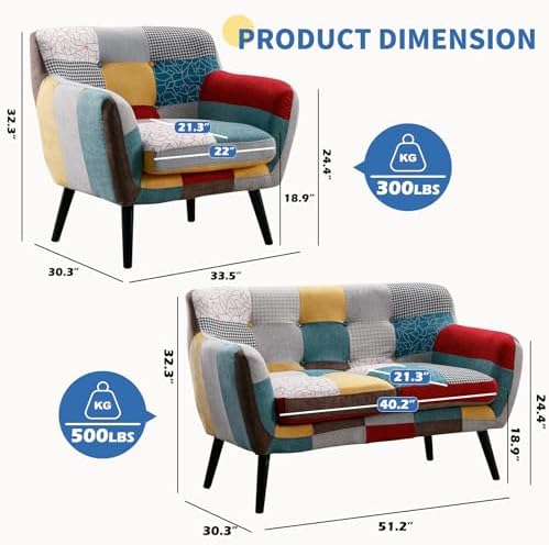 Bonzy Home Modern Colorful 3 Piece Coroful Fabric Sofa Set, Included Accent C...