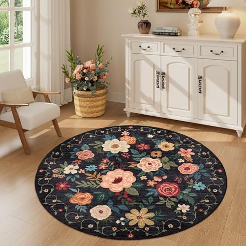 DUKINO 4ft Round Rug, Floral Washable Small Round Area Rug Non Slip, Black