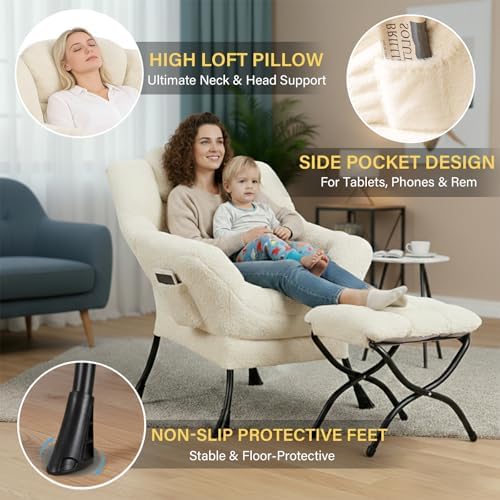 Lazy Chair and Ottoman, Large Plush Beige Contemporary Accent Chair with a Si...