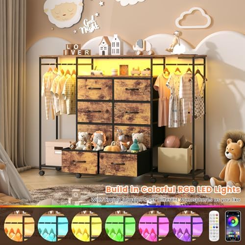 59.1" W Dresser for Bedroom with Hanging Rack, 8 Drawer Dresser with LED...
