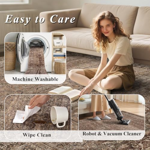 Schweek 9x12 Area Rug for Living Room Washable Vintage Non Slip Rugs Brown