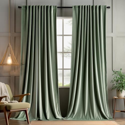 MIULEE Sage Green Velvet Pinch Pleat Blackout Curtains W52 X L96 Inches