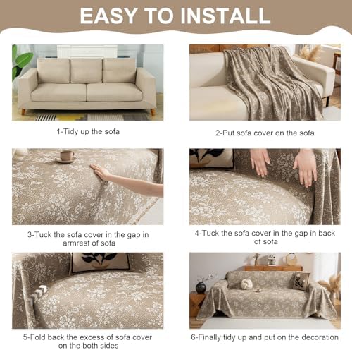 VClife Vintage Floral Bohemain Couch Cover, Soft Breathable Chenille Sofa Cover for Sectional Sofa L Shape, Modern White Taupe Botanical Sofa Slipcover Futon Cover for 2 Cushion Couch Sofa 71''x118''