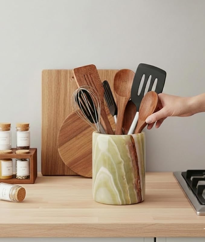 Marble Utensil Holder 6.5 Inch Green Wooden Cooking Utensils Set & Spatula - Image 5