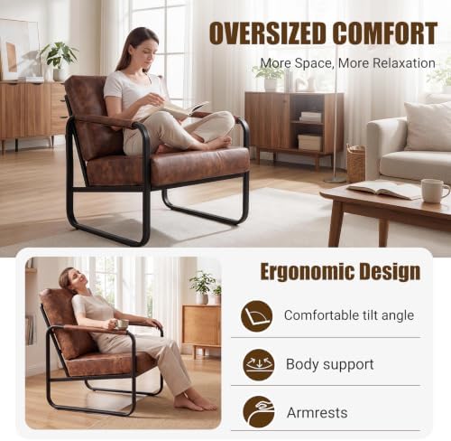 PrimeZone Faux Leather Mid-Century Modern Accent Chair Set of 2, Brown