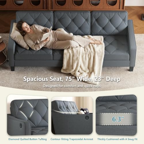 3-Piece Dark Grey Fabric Sofa Set, 2 Accent Chairs & 3 Seater Couch, Tufted