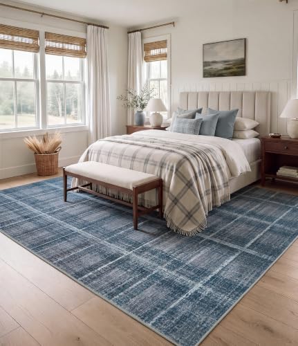 YIHOUSE 9x12 Blue Grey Distressed Plaid Area Rug for Living Room