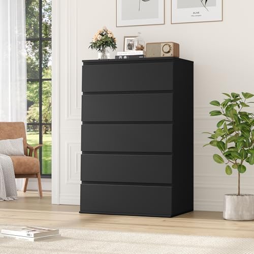 FOTOSOK Black Dresser, Dresser for Bedroom, 5 Drawer Chest of Drawers