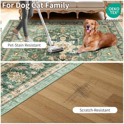 Washable 10x14 Rug Living Room: Non-Slip for Dog Cat Household Forest Green