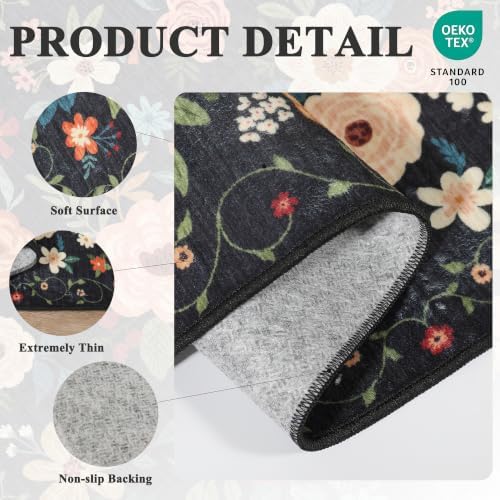 DUKINO 4ft Round Rug, Floral Washable Small Round Area Rug Non Slip, Black