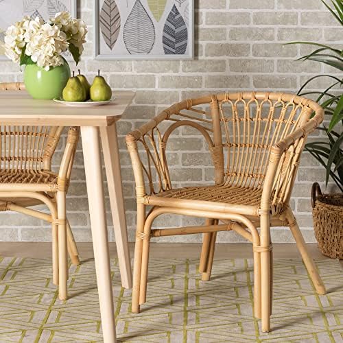 bali & pari Kaka Nature Rattan Dining Chair - Boho Wicker Armchair with C...