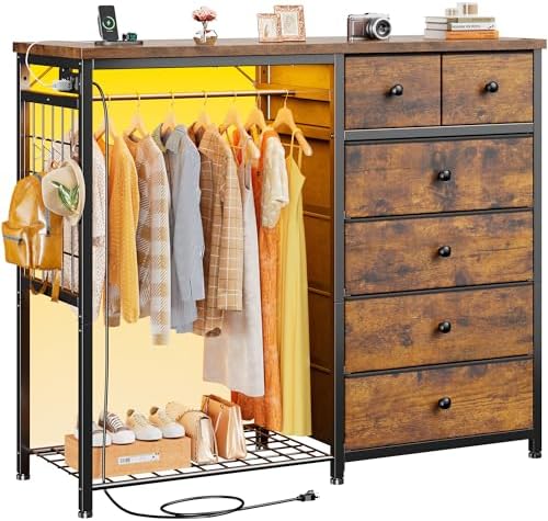 EnHomee 49.2" W Dresser with Hanging Rack & 6 Drawers, Grid Panel &a...