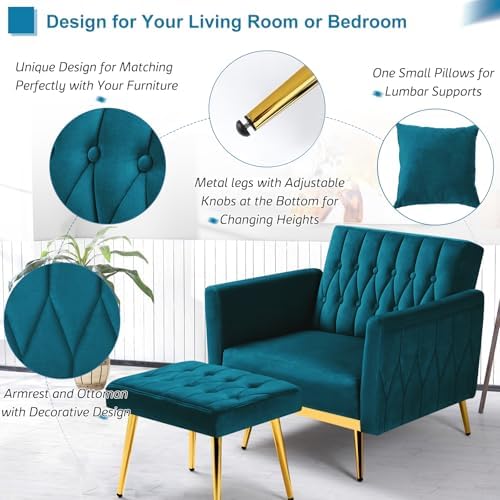 Velvet Accent Chair w/Ottoman & Adjustable Backrest,Teal