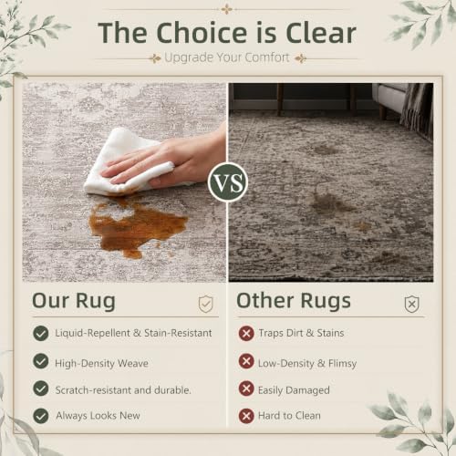 5x7 Area Rug for Living Room, Washable Waterproof Boho, Grey