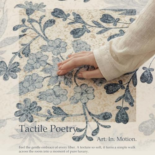 jinchan 8x10 Washable Living Room Area Rug, Vintage Floral, Blue/Cream