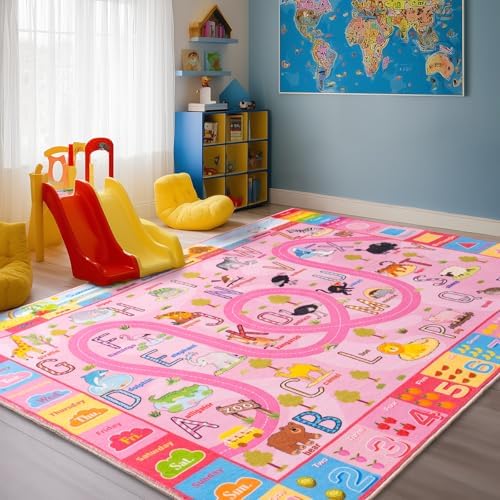 4 x 6 Feet Pink Zoo Themed Kids Educational Play Area Rug for Girls | Pink Non-Slip Washable Kids Learning Rug, Alphabet Numbers Zoo Animals Week Seasons Design for Classroom Playroom