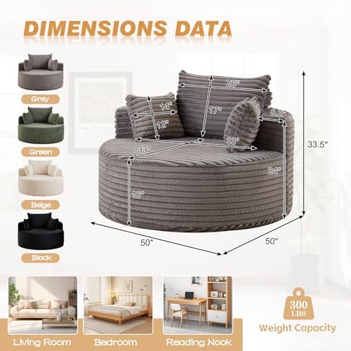 50"W Oversized Round Chaise Lounge Chair Indoor, Upholstered Corduroy De...
