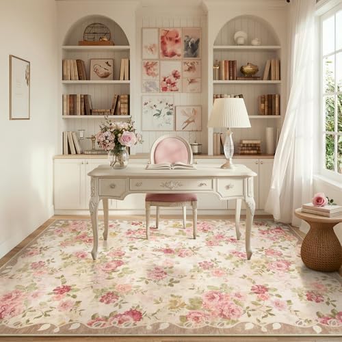 Lahome Vintage Floral 8x10 Area Rugs,Pink Large Living Room Rugs