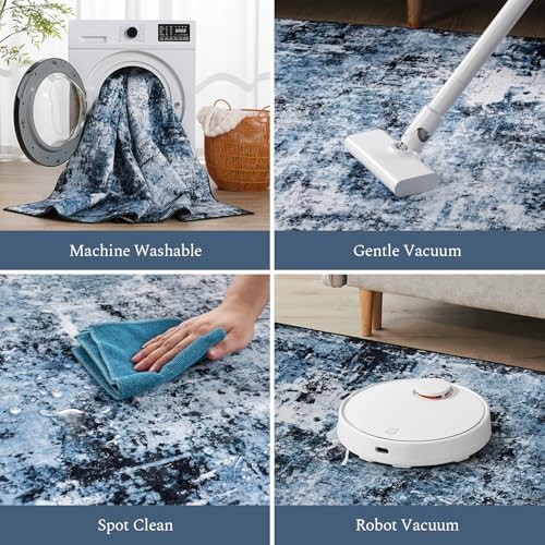 Rugflix 5x7 Area Rugs for Living Room, Washable Navy Blue Dark Large Rug