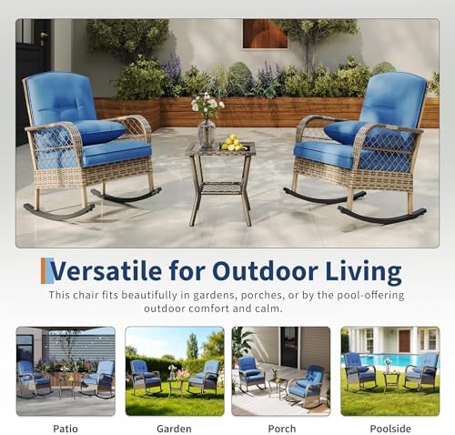IDEALHOUSE Outdoor Wicker Rocking Chair, Patio Rattan Rocker Chair with Cushi...