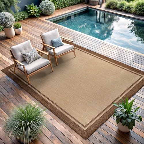 CAMILSON Outdoor Rug 5x7 Bordered Natural Brown Modern Area Rugs for Indoor a...