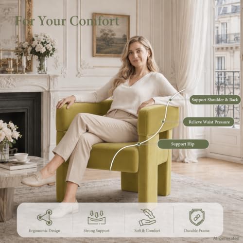 Green Modern Accent Chair, Upholstered Barrel Armchair with Solid Wood Legs