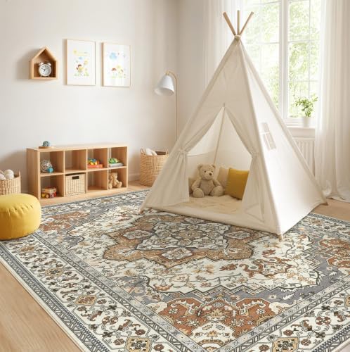 EIEIHOUSE 9x12 Area Rug Washable Vintage Rugs for Living Room Caramel Gray