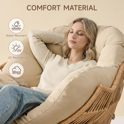 ONBRILL Papasan Rocking Chair with Ottoman, Oversized Papasan Chair, Beige