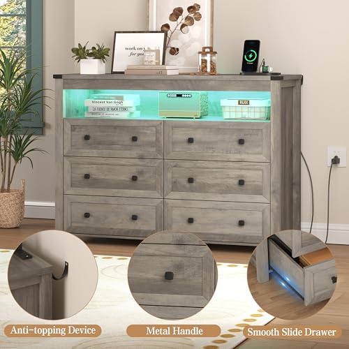 Wodeer Grey Dresser 6 Drawer Dressers for Bedroom with LED Lights, Charging S...