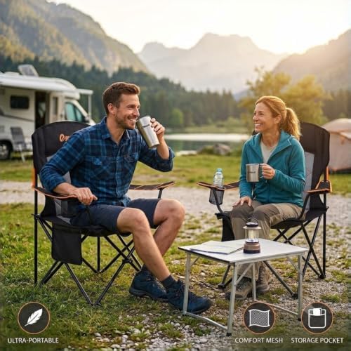 EMERIT 2-Pack Folding Camping Chair, Diamond-Quilted & Adjustable Armrest