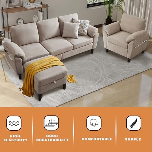 3 Piece Convertible Sectional Sofa Set, Modern Linen Small L Shaped Couch wit...