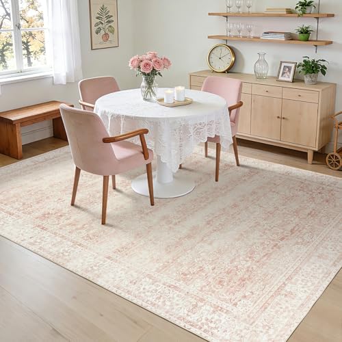 Pink Area Rug 8x10 Low Pile Washable Vintage Large Rugs for Living Room