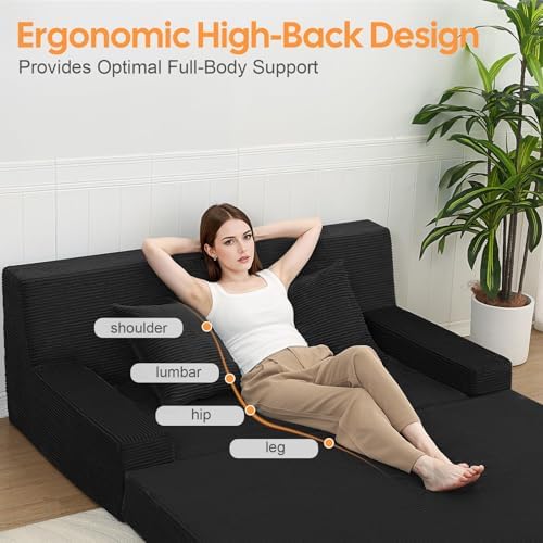 MeMoreCool 59" Boneless Couch Bed, Loveseat Futon Sofa, Small Space, Black