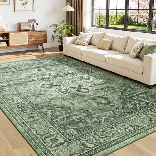 Sage Green 9x12 Area Rug for Living Room, Vintage Boho Large Carpet