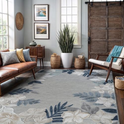 Outdoor Rug 6x9 Washable Area Rugs Indoor Outdoor Carpets Blue Border Floral ...