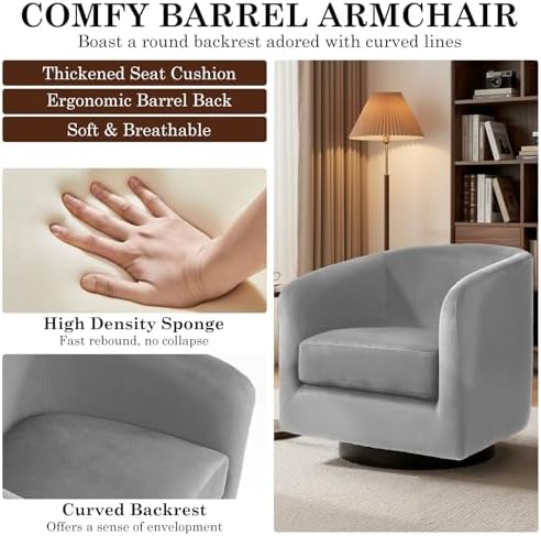 Swivel Barrel Accent Chairs Set of 2, Velvet Armchair, Gray