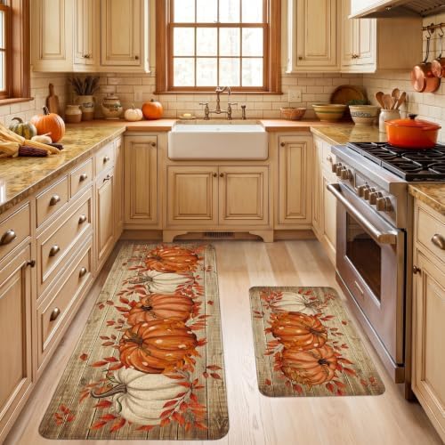 Fall Kitchen Mats Decor, Autumn Pumpkin with Brown Wood Grain Fall Kitchen Rugs Set of 2 Indoor Non Slip Washable Floor Mat Runner Rug Home Decorations
