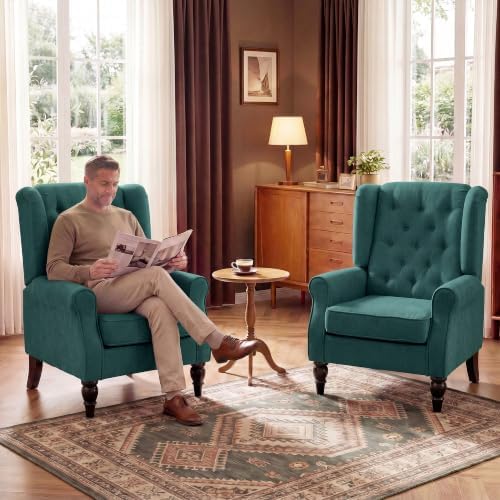 HOMCOM Comfy Accent Chair for Living Room, Wingback Armchair, Dark Green