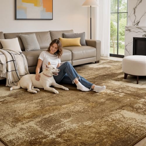 Merelax 8x10 Brown Washable Area Rug Non-Slip Faux Wool Abstract Rug