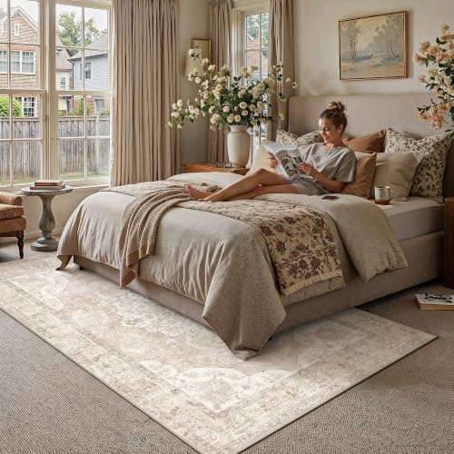 PureCozy Beige 8x10 Area Rug Washable Vintage Distressed Medallion