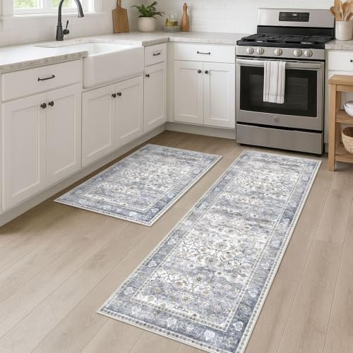 KUTA Vintage Floral Kitchen Rugs Sets of 2PCS 2x3 and 2x6 Grey Blue