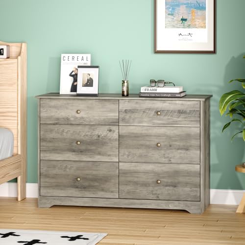 VINGLI Grey Dresser 6 Drawer Gray Dresser for Bedroom, 45"W Rustic Grey