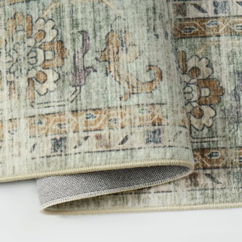 Washable Area Rug 8x10, Sage Green Gold Gray Vintage Rug for Living Room