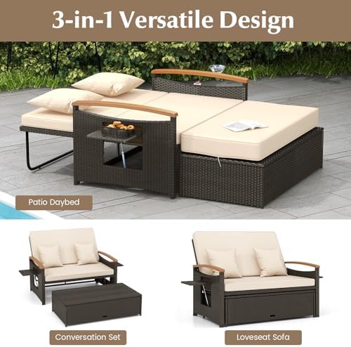 LDAILY Moccha Outdoor Wicker Daybed, Patio Rattan Loveseat Sofa w/ 4-Level Ad...