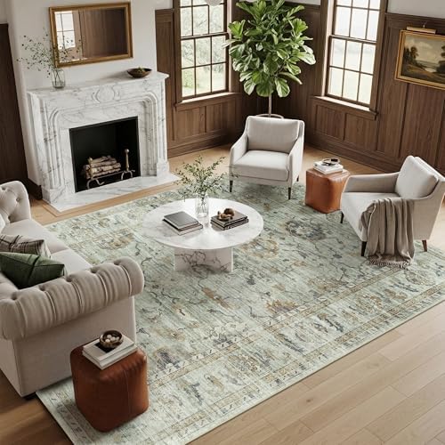 Washable Area Rug 8x10, Sage Green Gold Gray Vintage Rug for Living Room