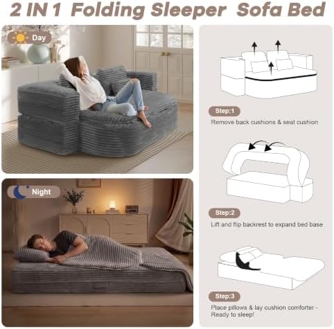 75'' Folding Sleeper Sofa Bed, Memory Foam Boneless Couch