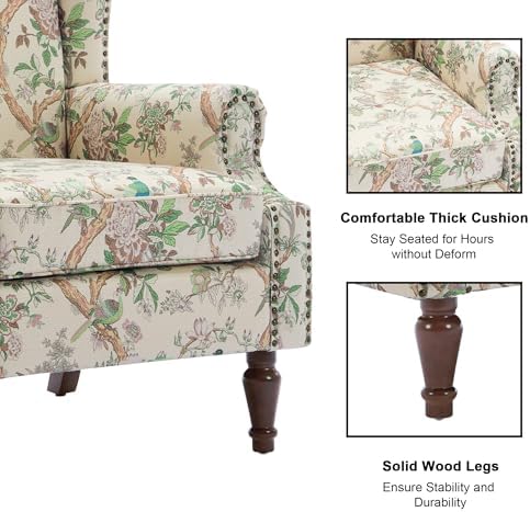 Floral Wingback Accent Chair with Wood Legs, Bird, Set of 1