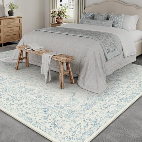 PureCozy 8x10 Blue Area Rug Washable Non Slip Large Vintage Living Room