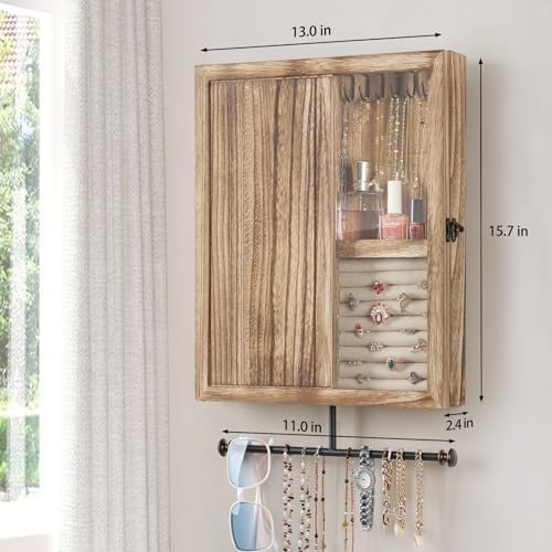 Keebofly Wall Mounted Jewelry Organizer Box Rustic Wood Large Space Jewelry C...