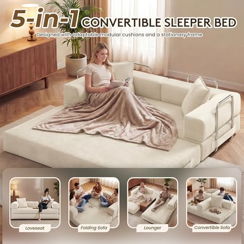 GRUSIGN 78" 5-in-1 Convertible Futon Sofa Bed, Boneless Corduroy, Beige